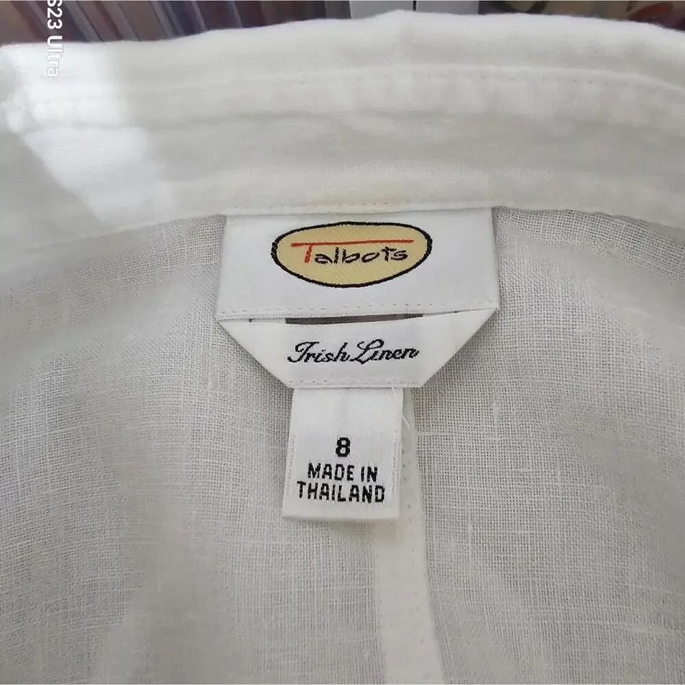 🧨 Talbots Ivory Irish Linen Ruffle Sleeve Button Down Blouse - Picture 8 of 11